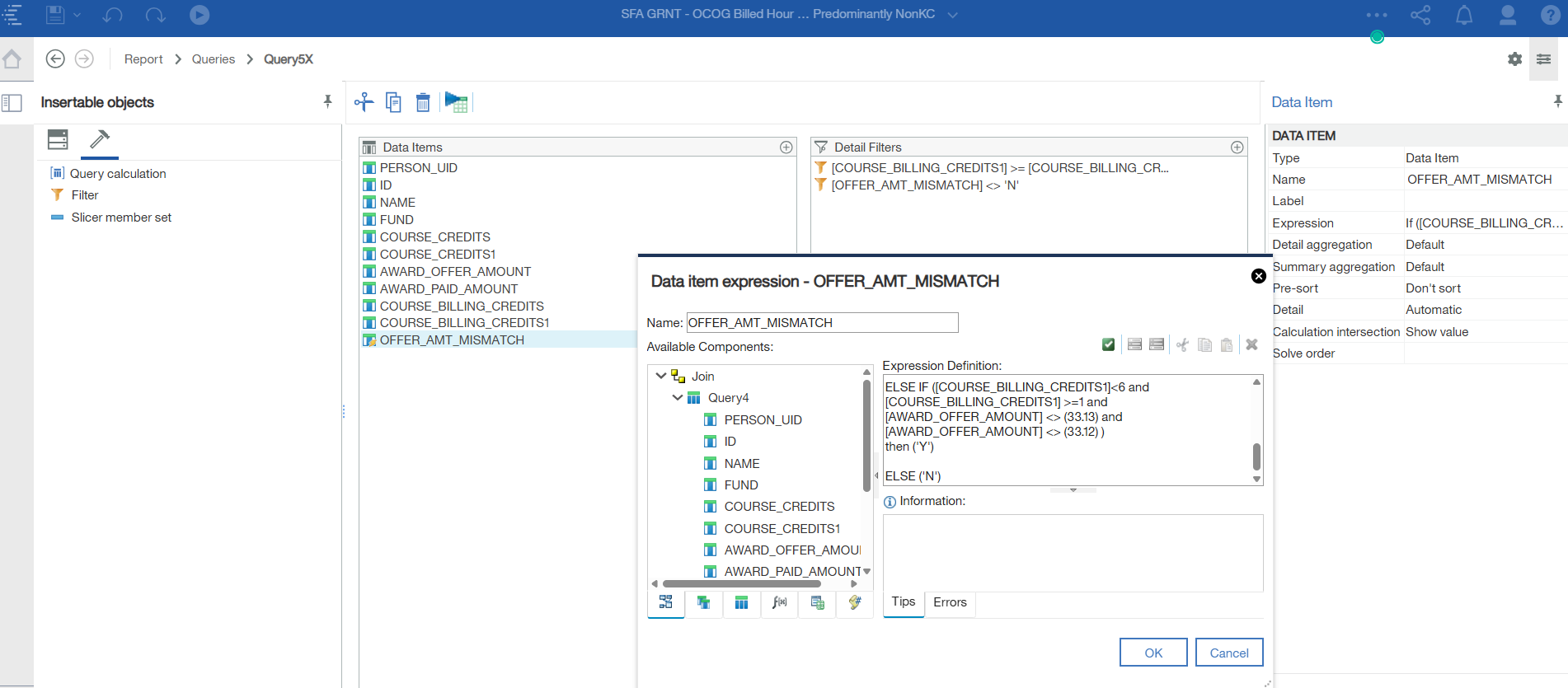 Cognos report mock-up demonstrating aggregated values and filters