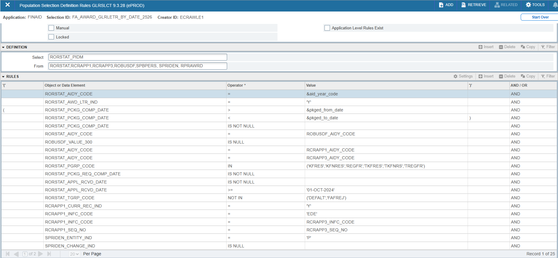 Screenshot of Ellucian Banner query I wrote for automated batch posting and population selection output